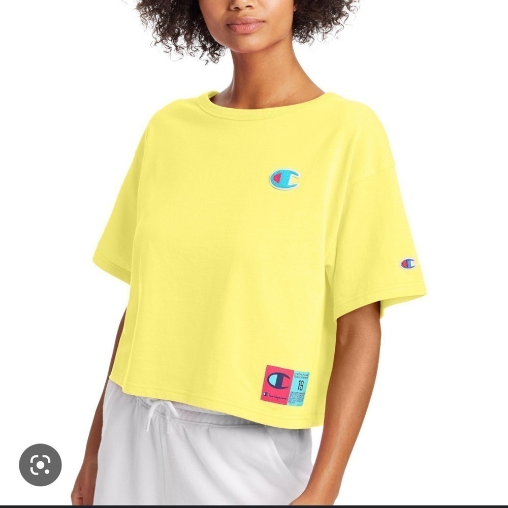 Champion Cropped T-Shirt with Sherpa Feel Patches - Small in Vibrant Neon Yellow